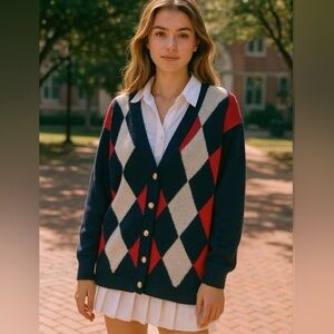 Casual Corner Navy and Red Argyle Cardigan, Size Medium.